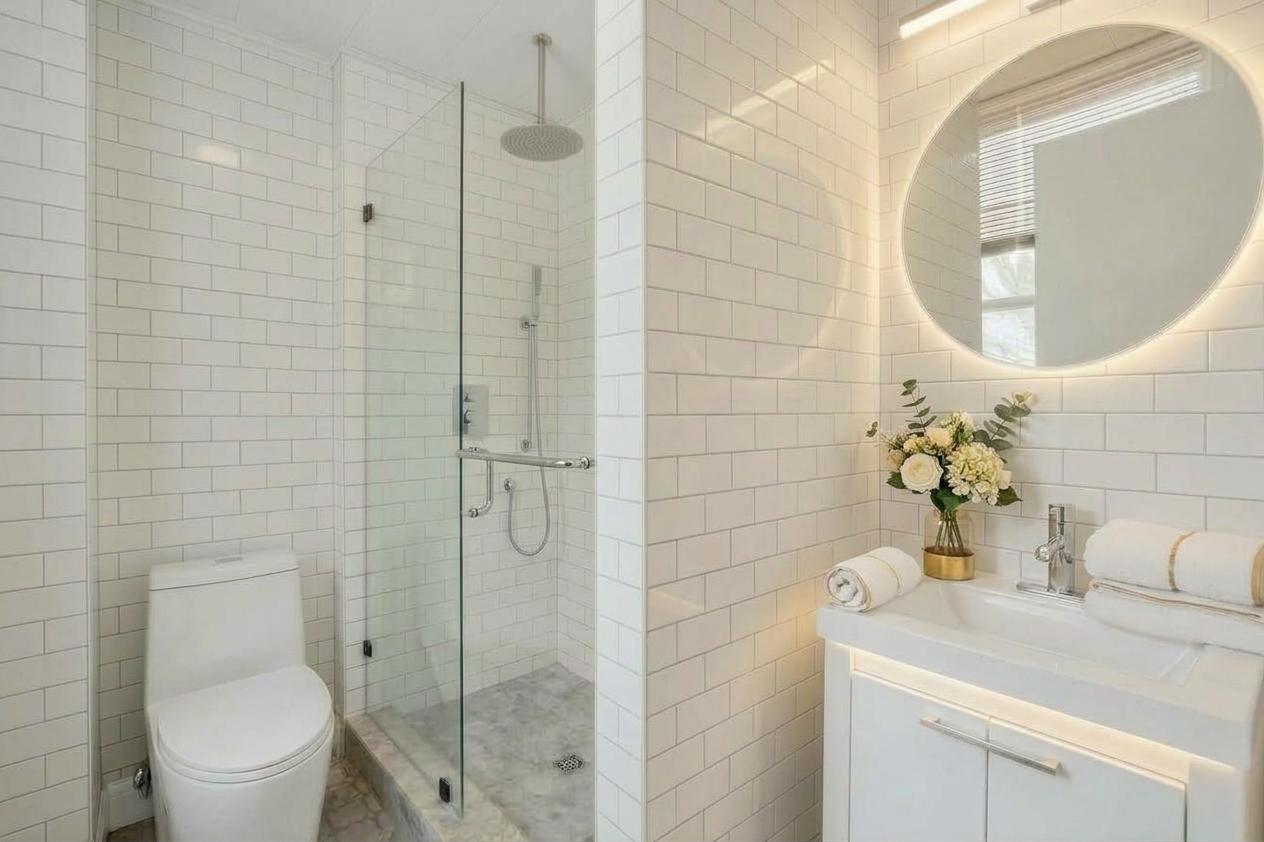 Tiled bathroom with a glass walk-in shower, marble shower floor and a round backlit mirror