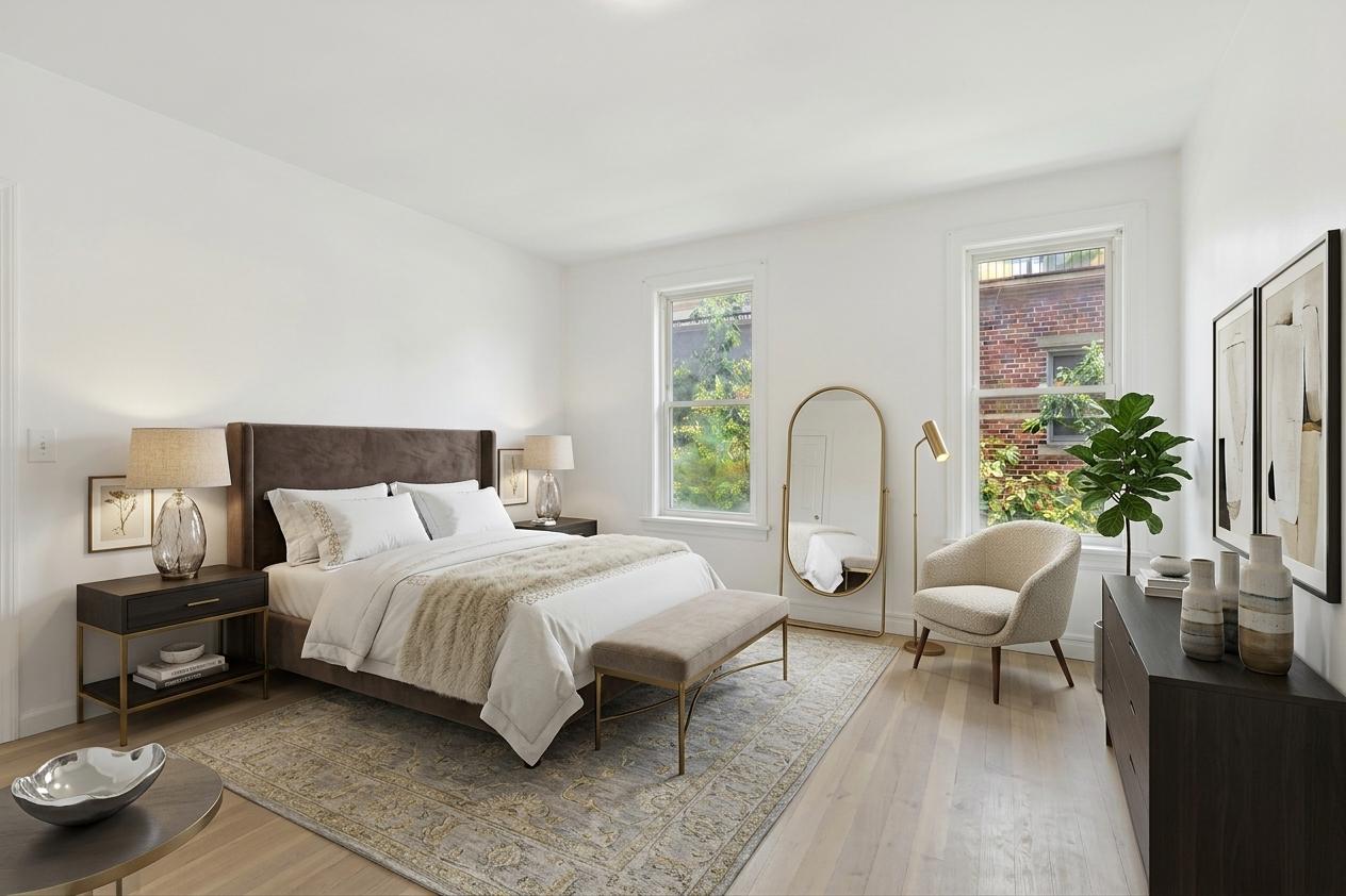 Third-floor bedroom with two windows, white oak floors and white walls